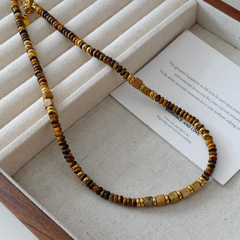 Ожерелье из бисера «Тигровый глаз» с овальным узором Майяра, цепочка для свитера премиум-класса из титановой стали, винтажный кофейный оттенок, натуральный камень, ключичная цепочка