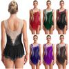 Women Rhythmic Gymnastics Leotard Round Neck Sleeveless Contrast Color Patchwork Rhinestones High Slit Skirt