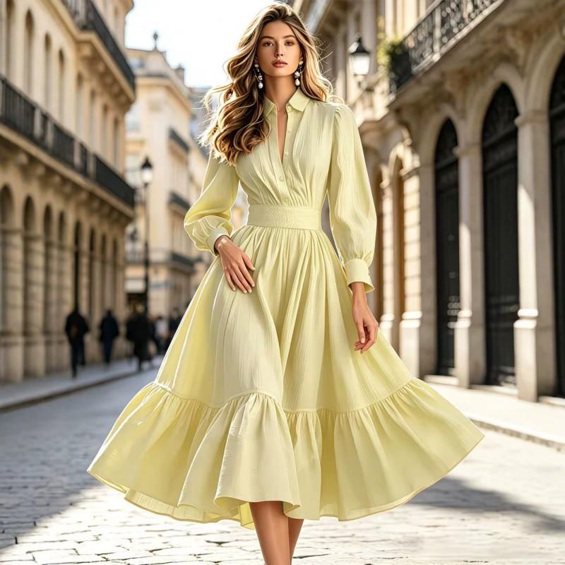 Womens Long Sleeve Dress 2026 A-Line Flared Skirt Slim Waist Shirt Collar Single Breasted Office Party Daily Wear