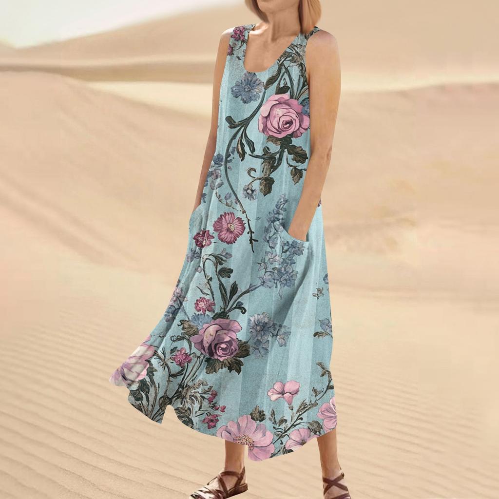 Женское летнее повседневное модное платье без рукавов с круглым вырезом и карманом с цветочным принтом