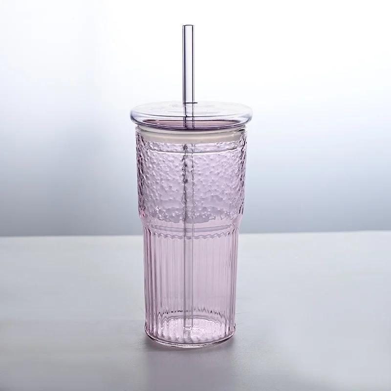 600ML Glass Cup Milk Coffee Cup with Lid And Straw Transparent Stripe Water  Mug Drinking Glasses Juice Tea Cup Drinkware