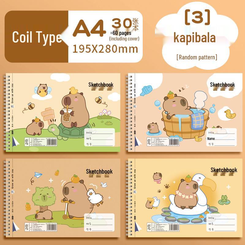 Cute Capybara & Puffer Fish A4 Drawing Book for Kids - Blank Pages, Coil Bound for First Graders