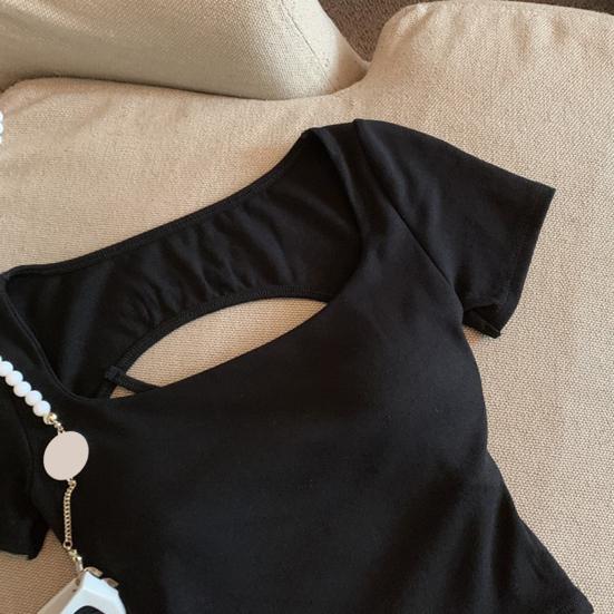 Женская футболка с квадратным воротником и коротким рукавом, с вырезом на спине, однотонная облегающая укороченная футболка, повседневная одежда