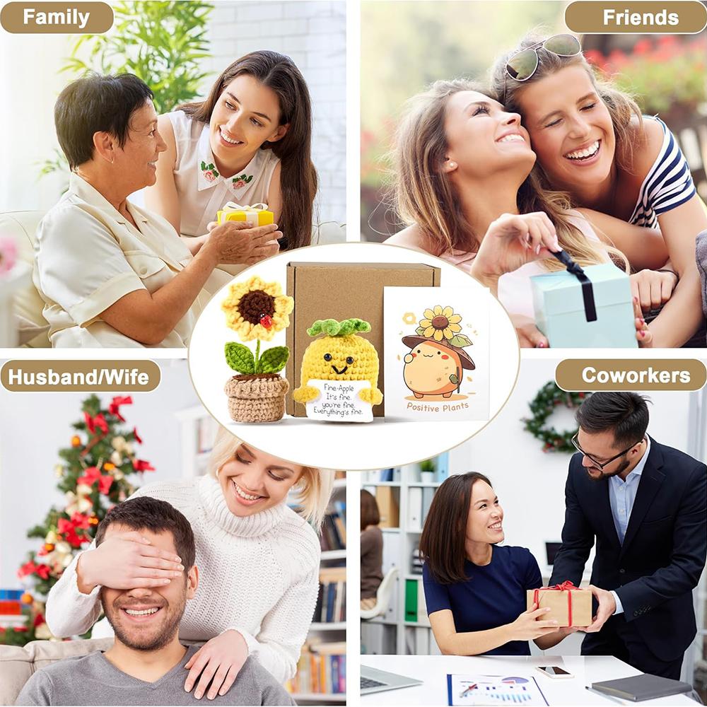 2PCS Positive Emotional Support Pineapple Sunflower Pot Home Room Decoration Crochet Pineapple Dolls With Card Christmas Gift