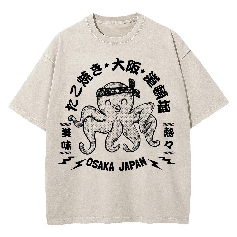 Cotton Vintage Washed Osaka Dotonbori Drunken Octopus T Shirt Hot Fashion Men Takoyaki Oversize Loose Acid Wash Tees Shirts