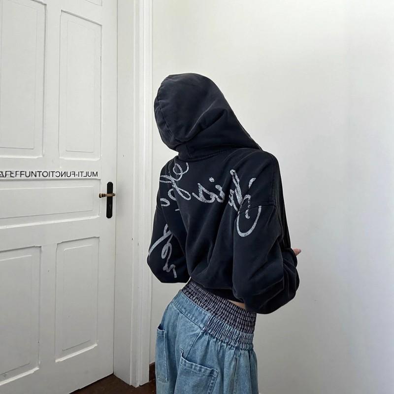Gothic Streetwear Hooded Zip-Up Sweatshirt Women Bold Letter Print Oversized Fit Winter 2025
