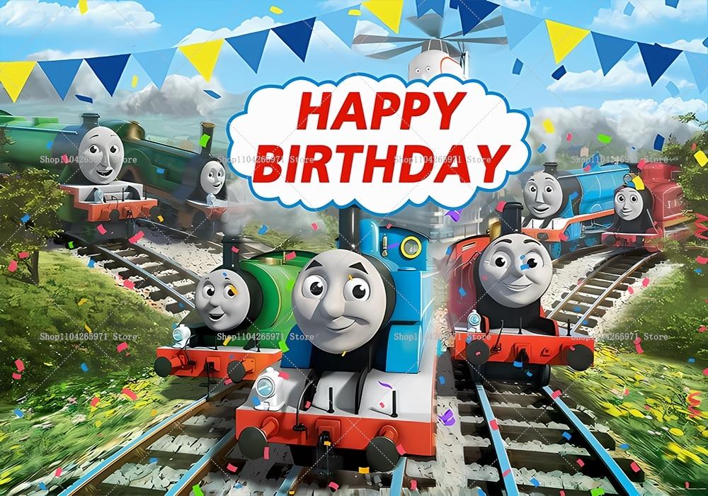 Thomas train themed birthday background for kids, banner with toy and friend train, vinyl backdrop, photo accessories, Baby Shower.