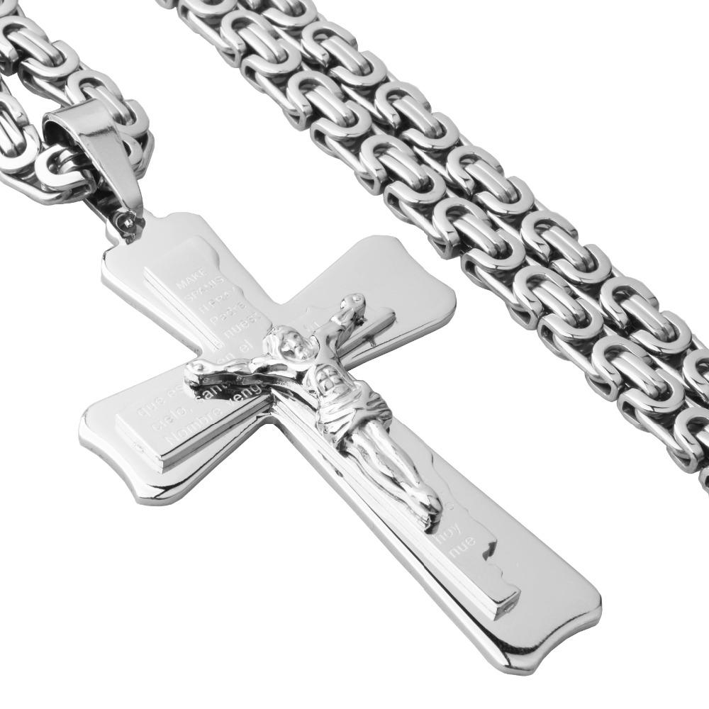 Good Quality Stainless Steel Jesus Cross Pendant Necklaces with Heavy Link Byzantine Chain Men Boys Christian Necklace