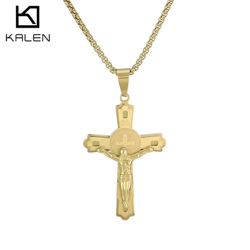 Personalized Religious Cross Pendant Neckalce for Men Women‘s’ Gold Color Stainless Steel Jewelry Thick Brushed Accessories