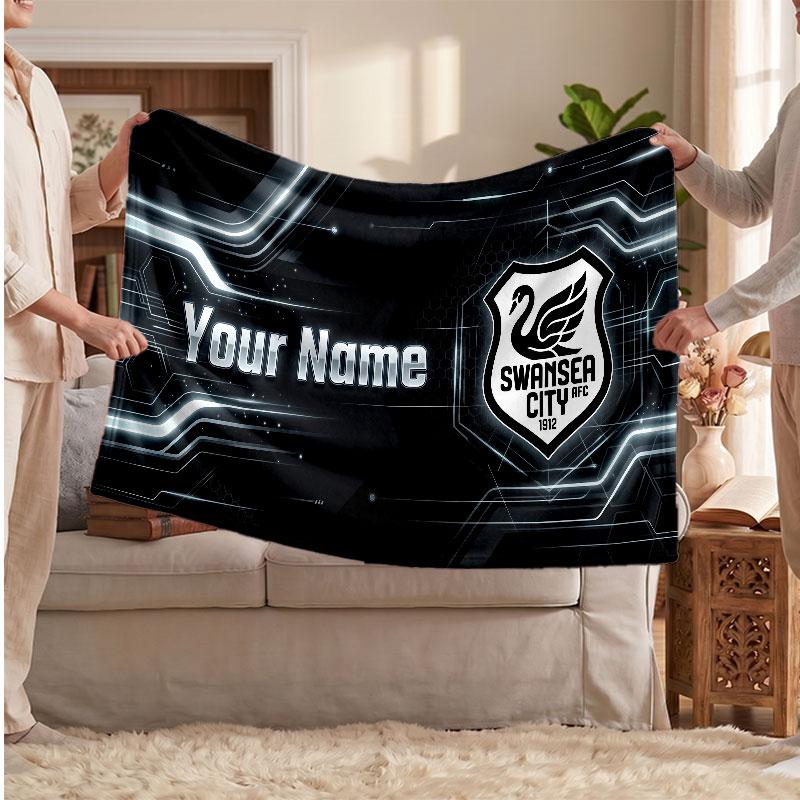 Swansea City FC Personalized Fleece Blanket With Football Logo, Custom Name Text Soft Warm Home Throw Blanket
