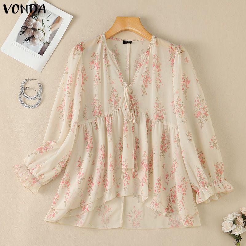 VONDA Womens Bohemian Floral Print V Neck Blouse Long Sleeve Semi-Sheer Irregular Layered Ruffled Tops