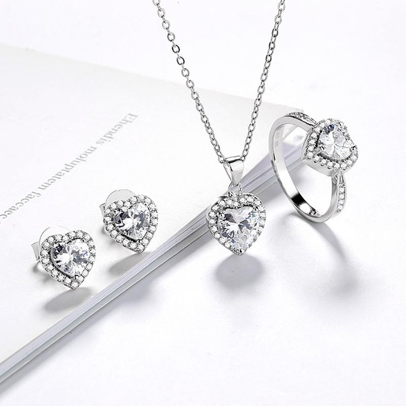 Fashion Women Jewelry Sets For Party Pure 925 Silver Bridal Love Heart Zircon Necklace Earrings Ring Set Accessories