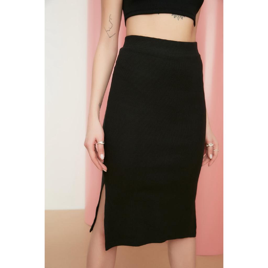 Black Slit Detailed Fitted High Waist Ribbed Stretch Midi Knitted Skirt Twoss22et0250