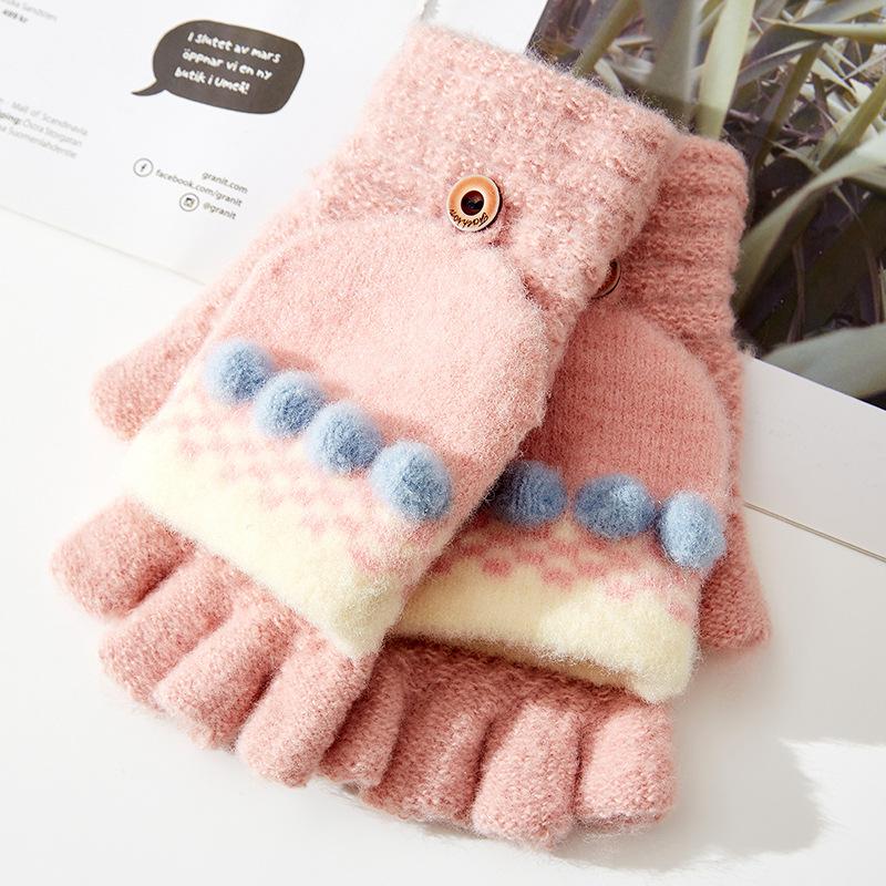 Новые зимние вязаные теплые перчатки для женских откидных перчаток с половинными пальцами, с открытыми пальцами для работы, милые шерстяные перчатки-пальчики 'Сахарные бобы'