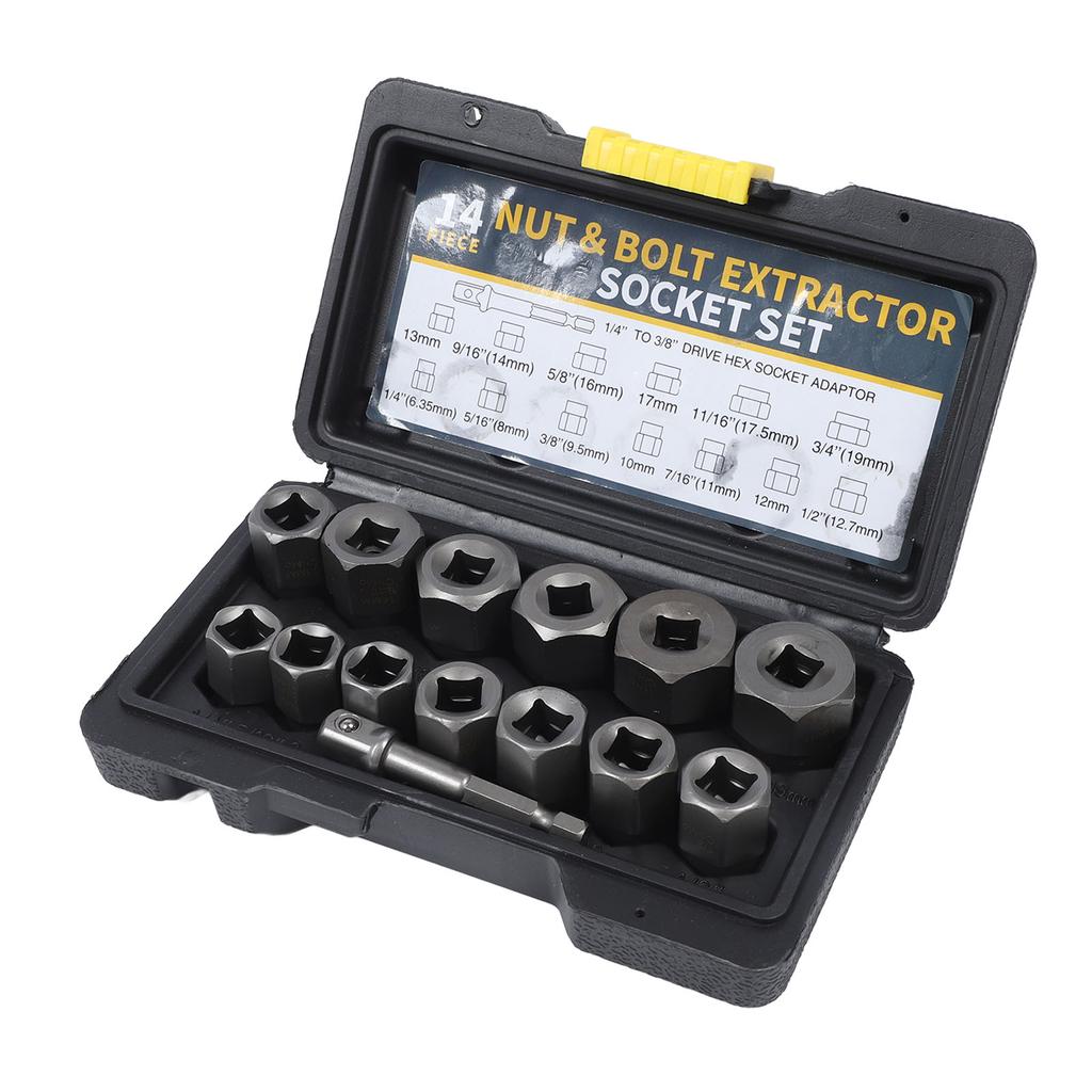 14PCS Bolt Nuts Extractor Socket Set Chrome Molybdenum Steel Stripped Lug Nut Remover for Removing