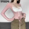 WTEMPO Розовые лоскутные вязаные топы Kawaii, повседневные базовые футболки с рюшами и шнуровкой в ​​японском стиле Y2K Lolita