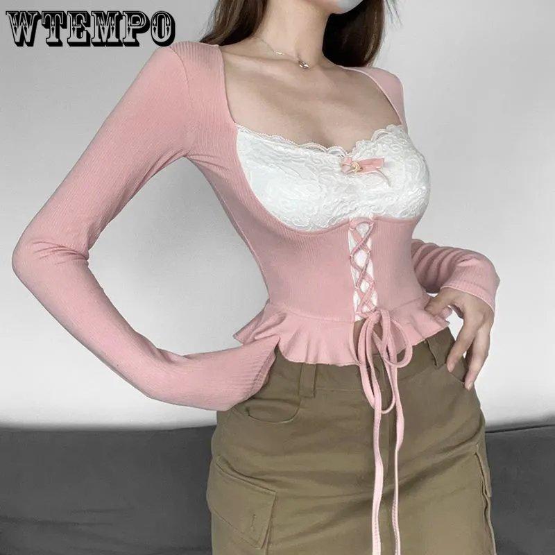 WTEMPO Розовые лоскутные вязаные топы Kawaii, повседневные базовые футболки с рюшами и шнуровкой в ​​японском стиле Y2K Lolita