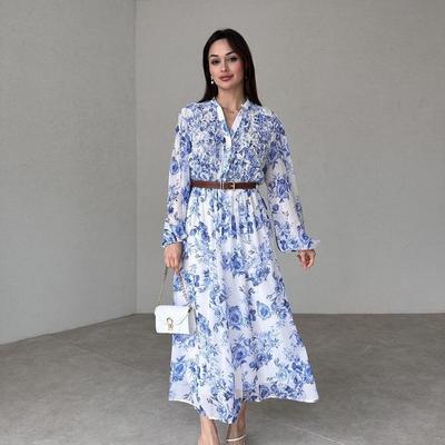 Платье женское осеннее 2024 года в европейском и американском стиле с цветочным принтом, V-образным вырезом и длинными рукавами