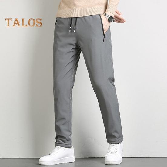 Winter Men Pants Thick Fleece Drawstring Elastic Waist Heat Retention Zipper Pockets Solid Color Warm Sport Travel Work Trousers