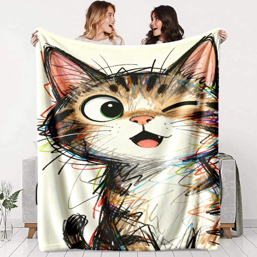 Graffitistyle winking cute cat Flannel printed blanket suitable for all seasons suitable for living room office sofa and travel