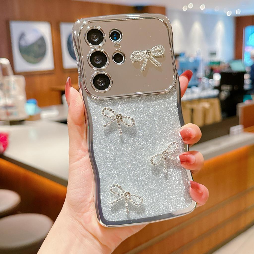 For Samsung Galaxy S24 Ultra Case Electroplated Wavy Frame Glitter TPU Phone Cover with Rhinestone Bow Decor