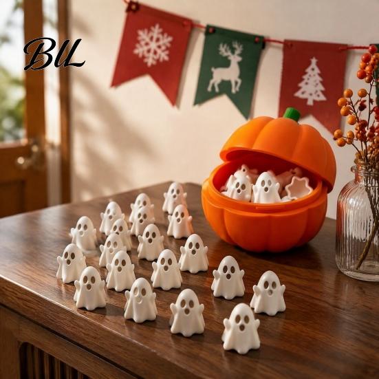Desktop Ornament Display Pumpkin Bucket with Mini Ghosts, Halloween Candy Bowl, Cute Ghost Creative Container Figurines, Party Snack Holder