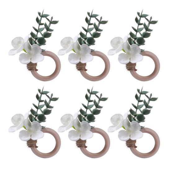 6Pcs Boho Napkin Rings Fabric Flower Faux Eucalyptus Leaf Napkin Holders Rustic Wooden Napkin Rings for Wedding Bridal Shower Dining Table Decor