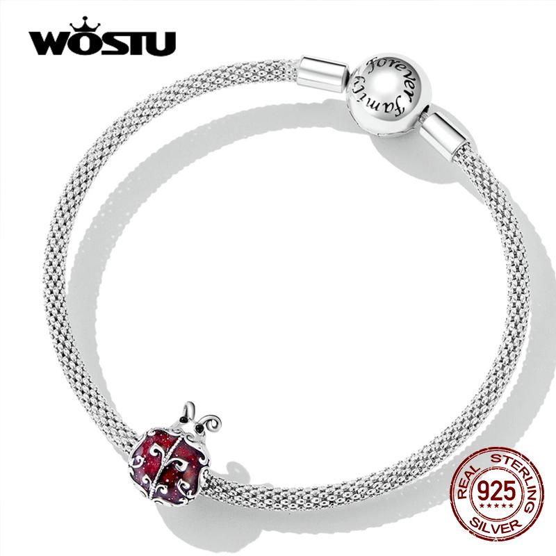 WOSTU Стерлингового серебра 925 пробы, изысканный темно-красный узор, божья коровка, насекомое, подвеска из бисера для оригинального браслета «сделай сам», ювелирное изделие, подарок для девочки
