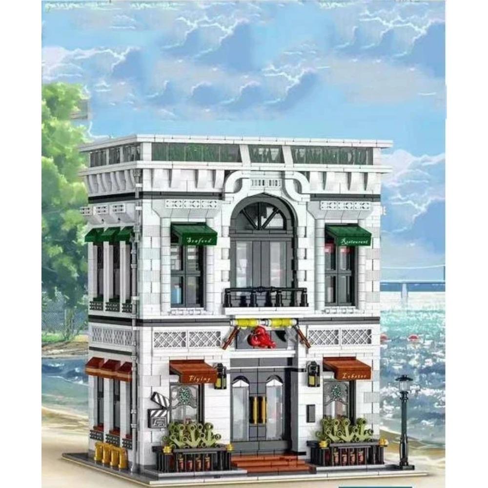 4132PCS Seafood Restaurant Model Building Blocks Creative City Street View MOC Bricks Set With Light Desktop Ornaments Kids Toys