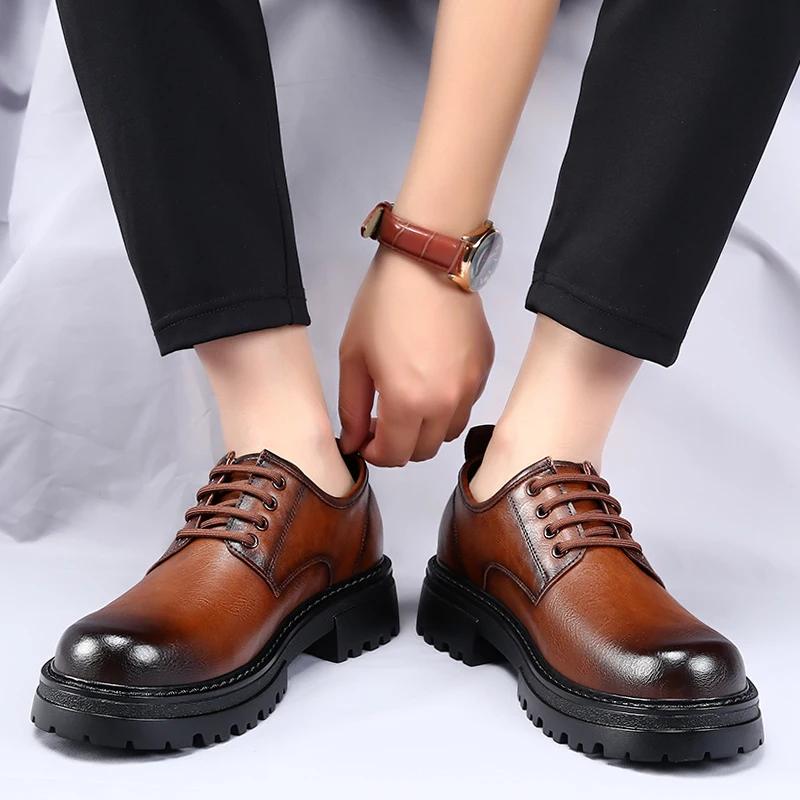 Туфли мужские из натуральной кожи на шнуровке, оксфорды на толстой платформе, деловая обувь, официальная обувь с круглым носком, винтажная обувь