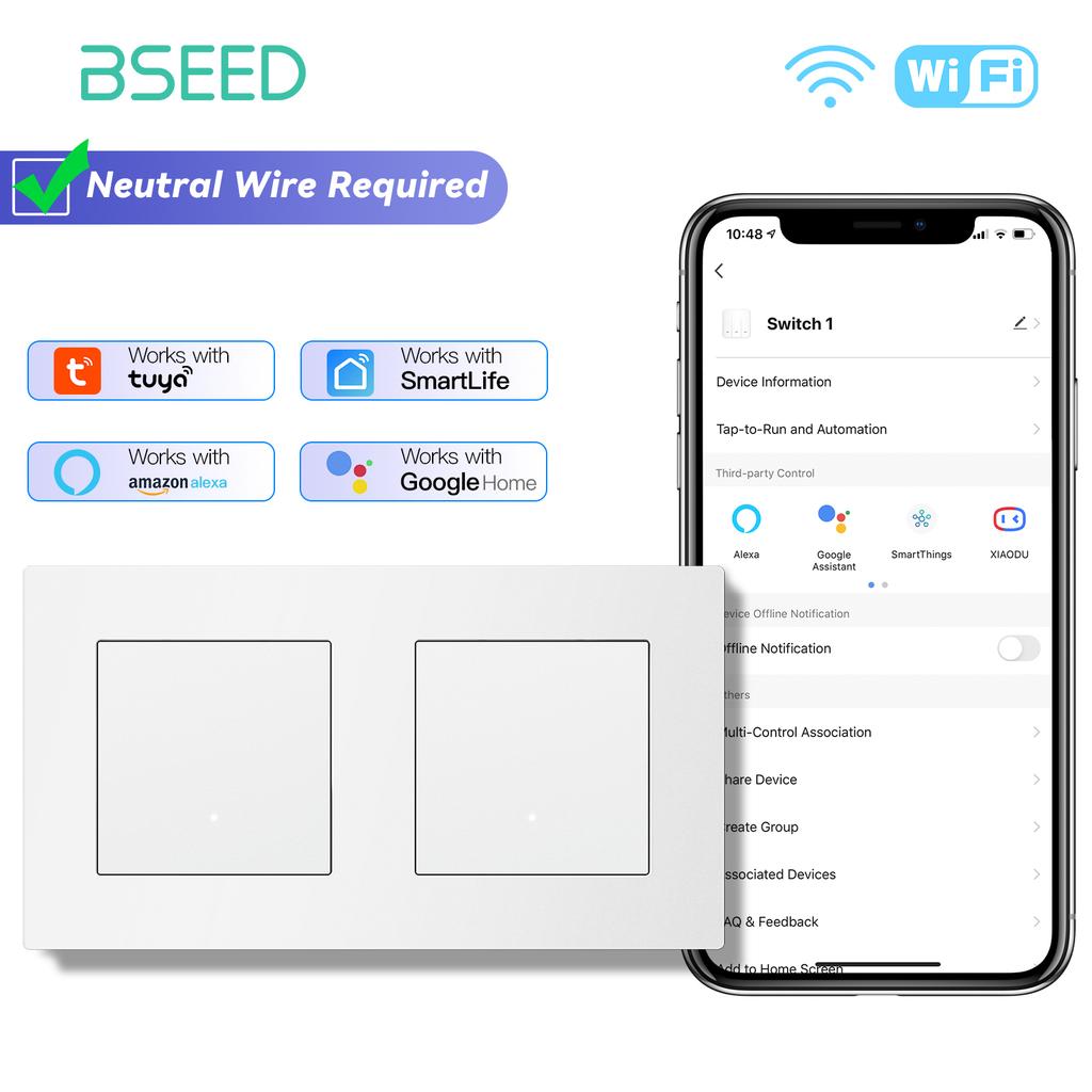 BSEED WIFI Click Switches Wall Smart Click Light Plastic Switches Yellow Backlight Plastic Frame EU Standard Tuya APP Switch