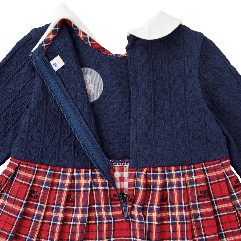 Длинное клетчатое темно-синее платье [Miki House], с рукавами, с воротником, с медведем, с узором, для девочек, для малышей, для детей, детская одежда, 13-1901-571, 100см,