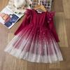 Red Christmas Dresses For Girls Kids Tulle Princess Tutu Little Girl Long Sleeves Autumn Children Clothing Baby Casual Wear