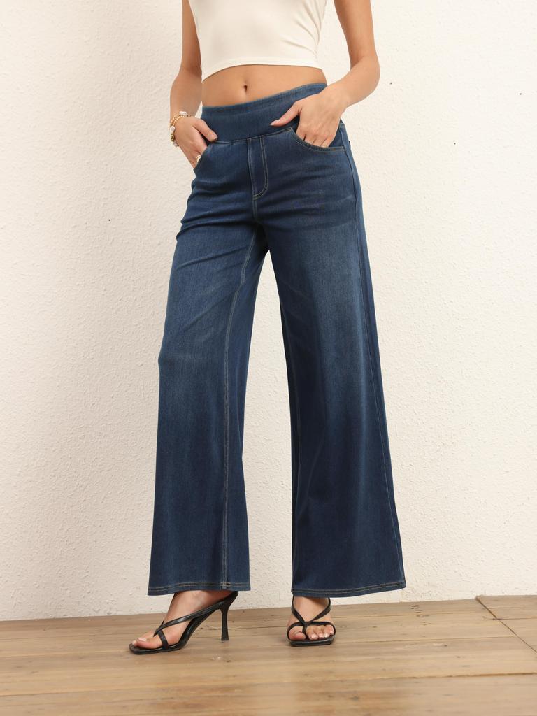 Shascullfites Джинсы со средней талией и широкими штанинами для женщин, эластичные темно-синие джинсы, повседневные брюки свободной посадки с карманами