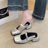 High-heeled Bag Head Half Slippers Women's Outer Wear 2025 New Spring and Summer Thick Heel Medium Heel Silver Mary Jane Single Shoes Sandals