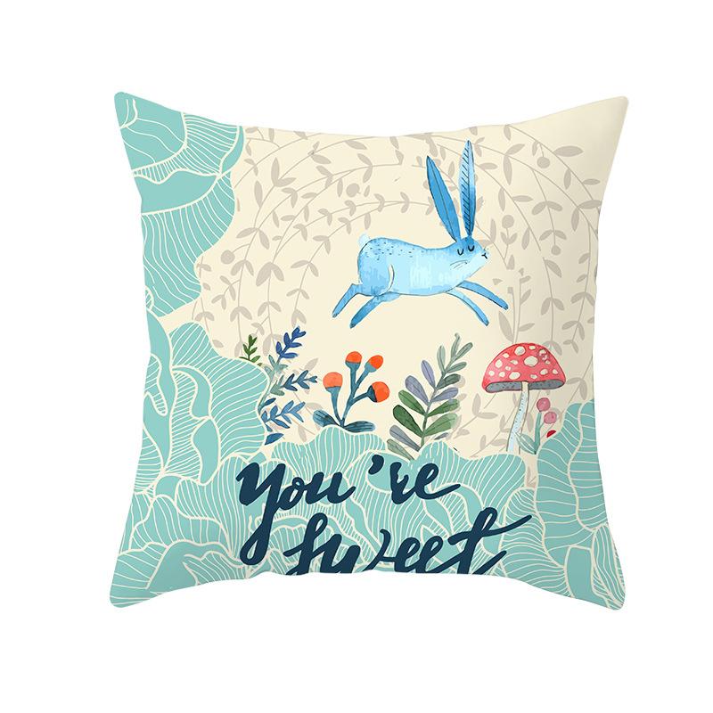 Easter Peach Velvet Cushion Cover Lake Blue Series Rabbit Egg Print Cushion Cover