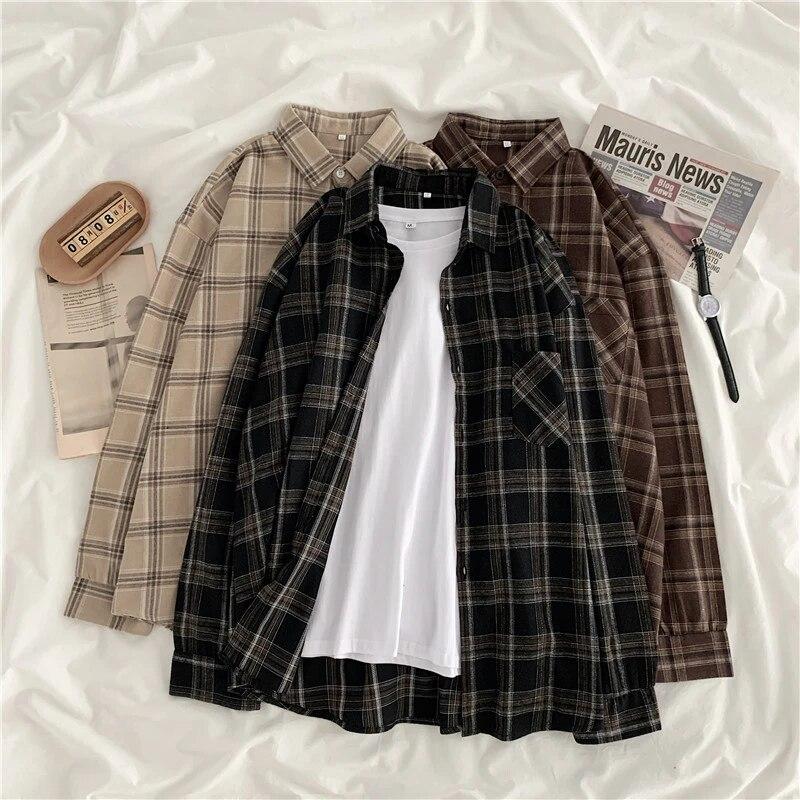 2023 Autumn Casual Vintage Plaid Shirts Fashion Women Korean Style Long Sleeve Button Up Shirt Tops Office Blusas Elegant 29399