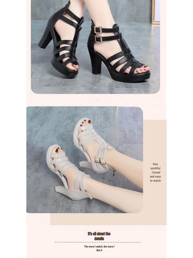 Женские летние 2025 года сандалии на высоком каблуке в римском стиле, с открытым носком, на платформе, кожаные