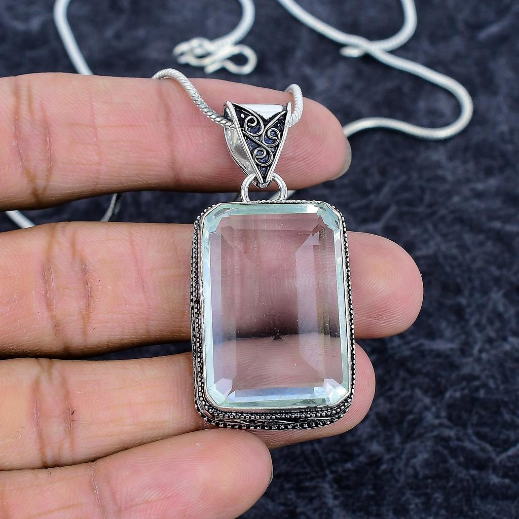 White Topaz Gemstone Handmade 925 Sterling Silver Jewelry Pendant 2.05" M-3218
