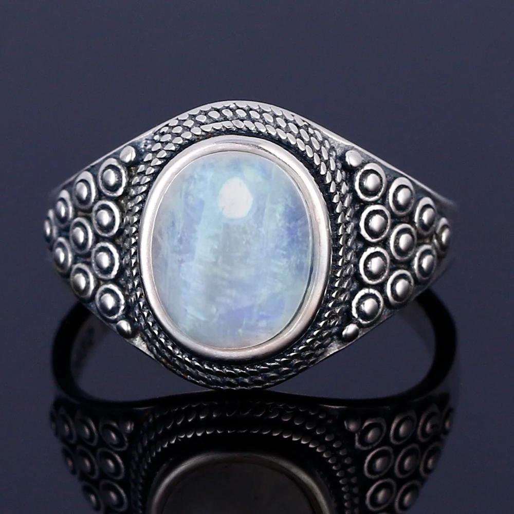 Круглые Овальные Большие Натуральные Лунные Камни Кольца Женские S925 Серебряные Кольца Подарки Винтажные Тонкие Ювелирные Изделия