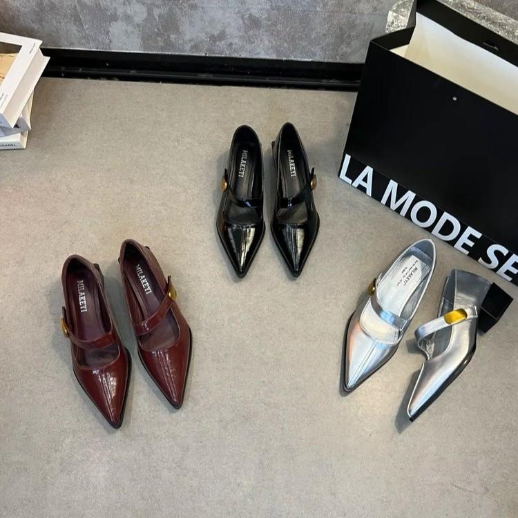 Spring New Style Pointed Toe Elegant Low Heel Women's One-Strip Leather Shoes Low-Cut Sexy Single Shoes