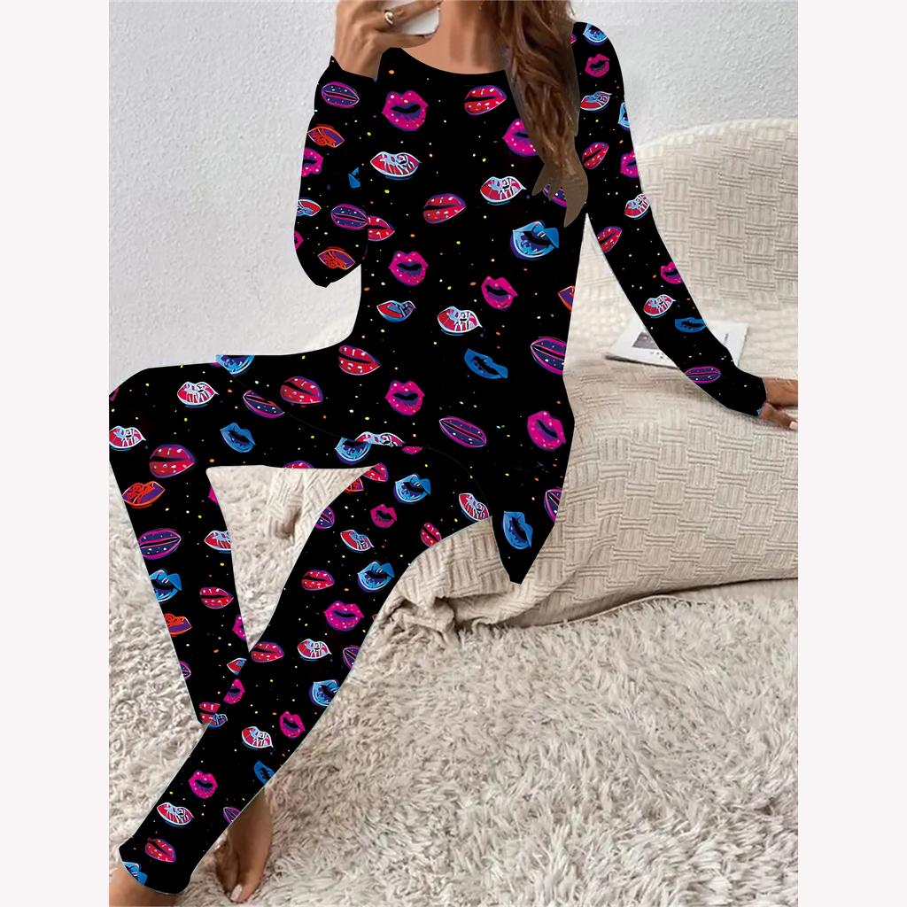 Евро-американская мода 3D принт с узором любви Женский всесезонный комплект из двух предметов: футболка с длинным рукавом + длинные брюки. Идеальный подарок на День святого Валентина