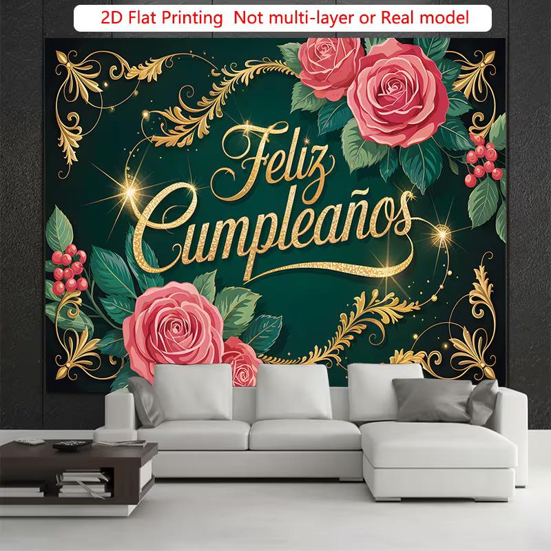 2D Happy Birthday Spanish Backdrop Rose Green Gold Party Decoration Banner