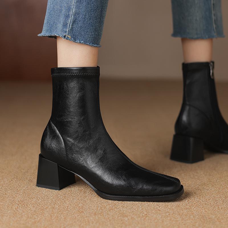 Krazing Pot Microfiber Autumn Winter Shoes Thick High Heels Chelsea Boots Square Toe Keep Warm Zipper Ankle Boots