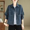 Women's Denim Jacket for Spring and Autumn Hong Kong Style Collar Short Retro Loose Versatile Stylish Casual with Large Pockets Top