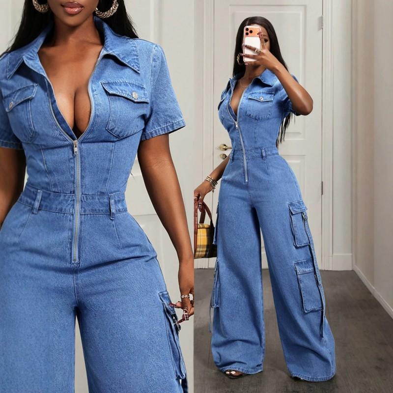 Pre-Sale Womens Denim Jumpsuit Casual Short Sleeve Workwear Straight Leg High Waist Streetwear