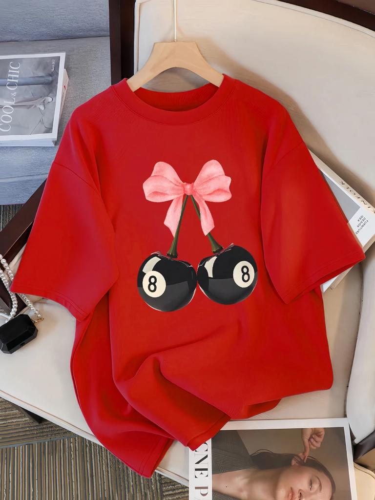 Pink Bow Black Billiards 8 Cherry Pattern Women's T-shirt Summer Fashion T-shirt Round Neck Top Soft Loose Short Sleeve