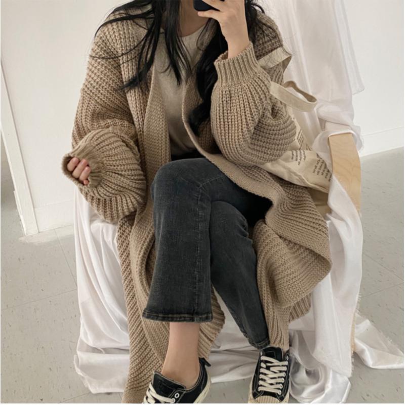 Модная женская куртка, длинный кардиган, однотонное однотонное вязаное пальто с рукавами-фонариками, теплое пальто на выход