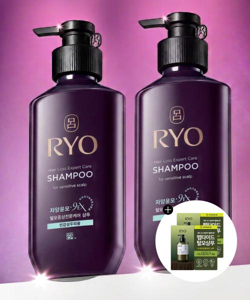 Шампунь Ryo 9ex для ухода при выпадении волос для чувствительной кожи головы 400 мл 2 шт. + саше 6 мл 2 шт.