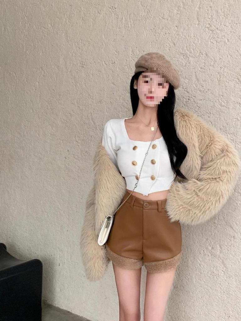 Spicy Girl High Waist Patchwork Slimming PU Leather Shorts - Autumn/Winter Style